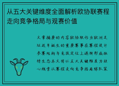 从五大关键维度全面解析欧协联赛程走向竞争格局与观赛价值