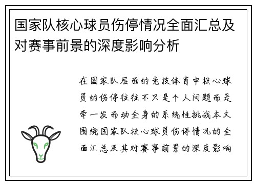 国家队核心球员伤停情况全面汇总及对赛事前景的深度影响分析